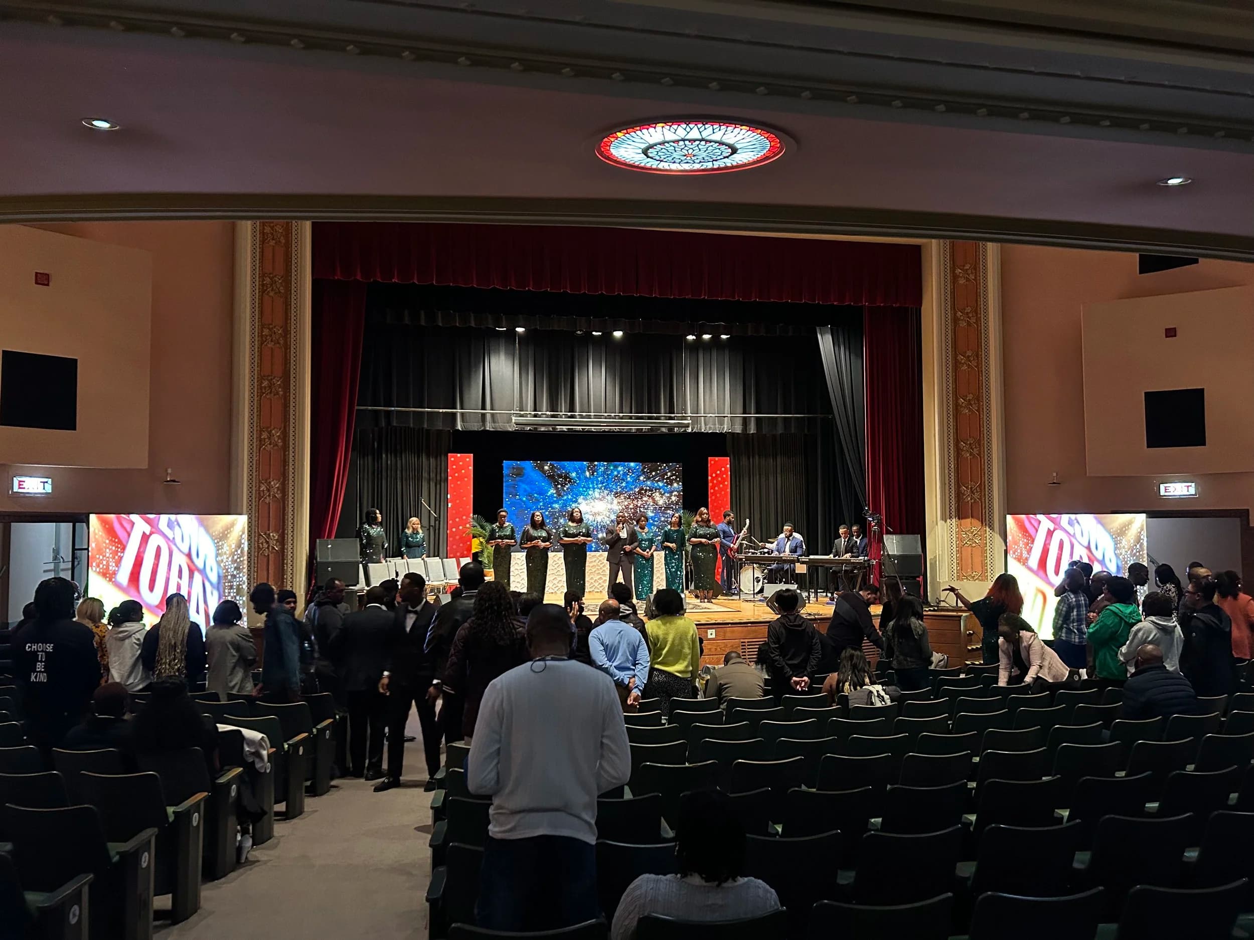 Live cultural band on stage at an Ottawa theatre with our LED screens framing the performers