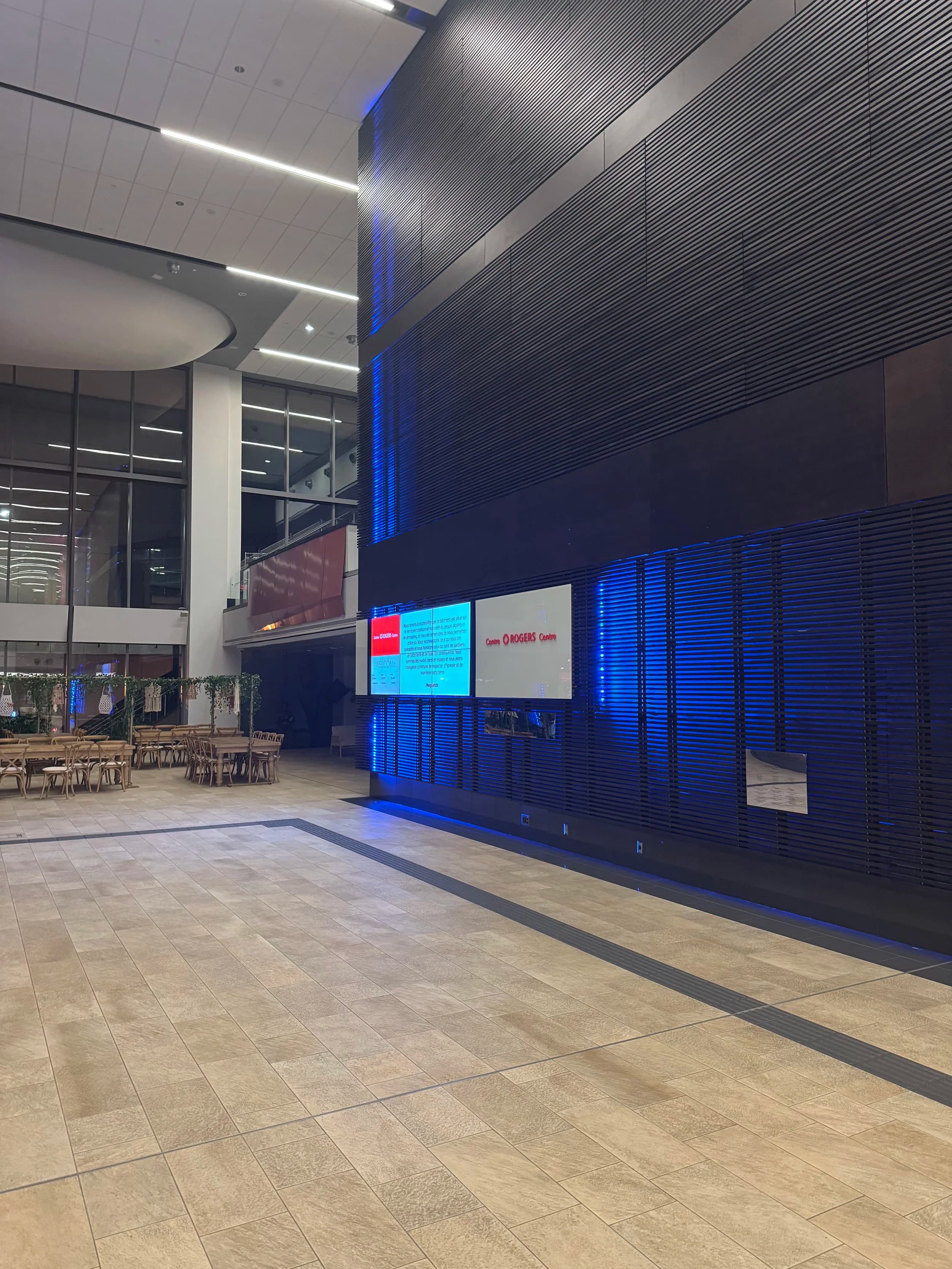 LED feature wall glowing in an upscale Ottawa hotel lobby