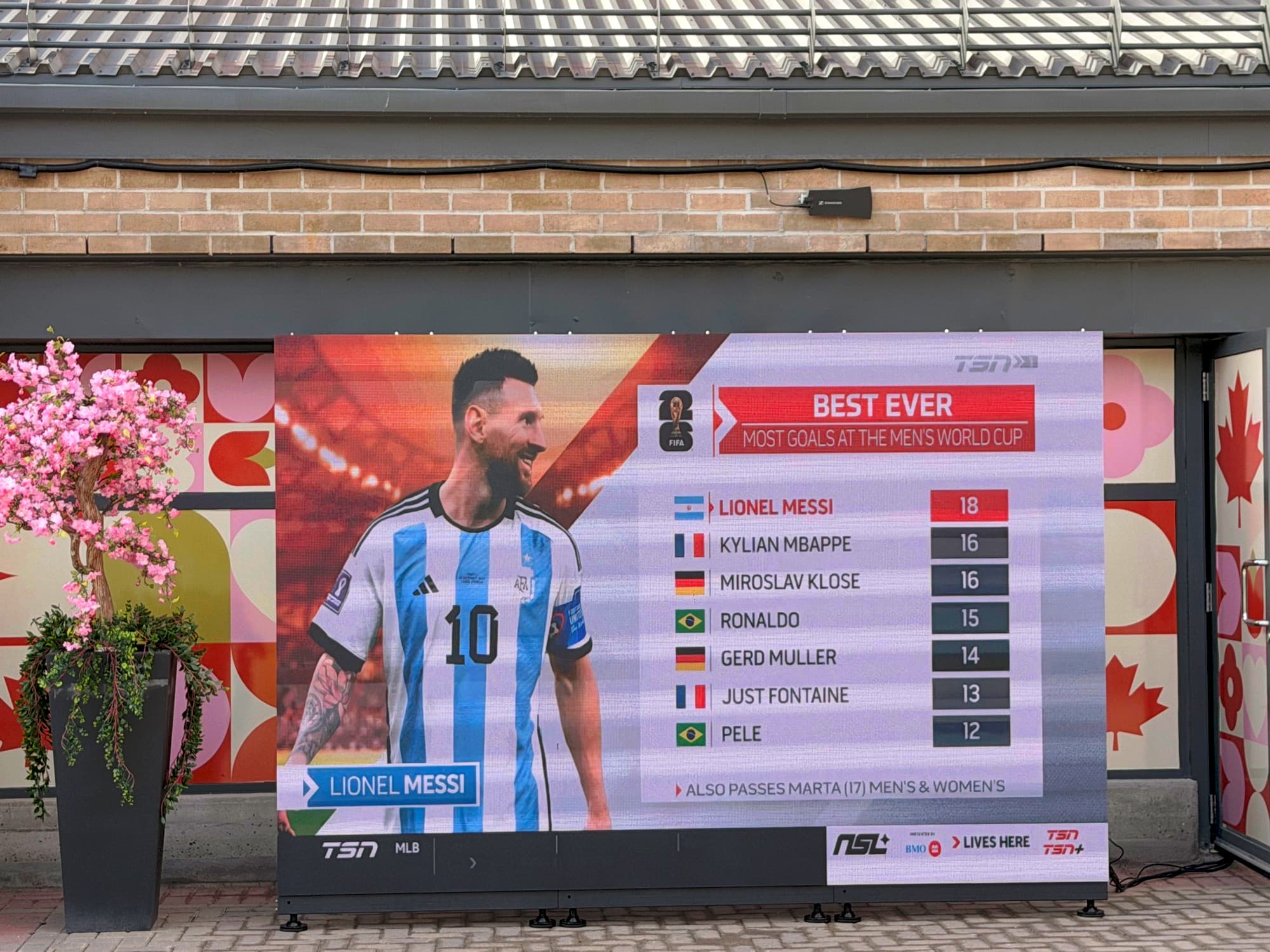 FIFA World Cup broadcast graphics on our outdoor LED wall in Ottawa — book your screen for tournament season